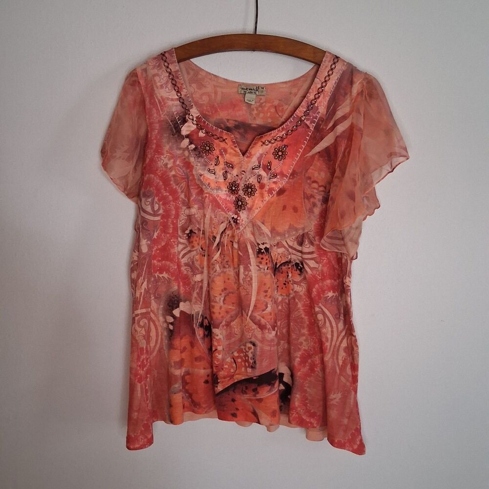 One World Boho Embellished Butterfly V-Neck Flutter Sleeve Blouse Top 1X